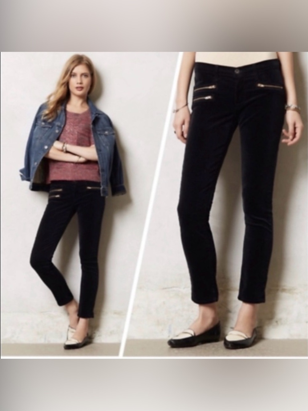 Ag Adriano Goldschmied Black Corduroy Skinny Pants with Gold Zippers